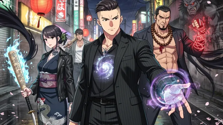 Astro Royale main characters confronting a supernatural threat in a city at night.