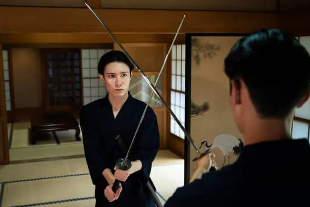 A panel from the manga showcasing Iori Yoshizumi in a intense Kendo training session against another student.