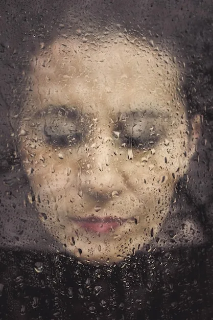 Close-up shot of a character’s face in distress, with sweat and tears visible. The background is blurred, emphasizing the character’s emotional turmoil. The aesthetic is gritty and realistic.