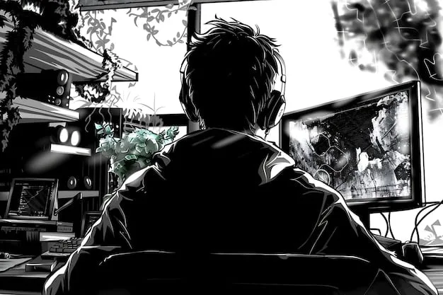 A black and white panel from a Seinen manga showing a protagonist with a conflicted expression, surrounded by chaotic imagery representing internal struggle and societal pressures. The composition is designed to evoke a sense of tension and unease.