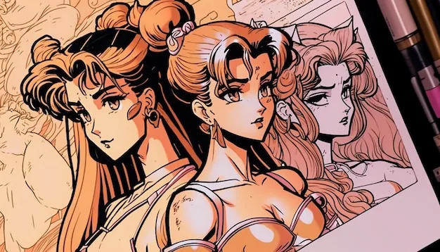 A colorful, dynamic shojo manga panel featuring a group of characters from