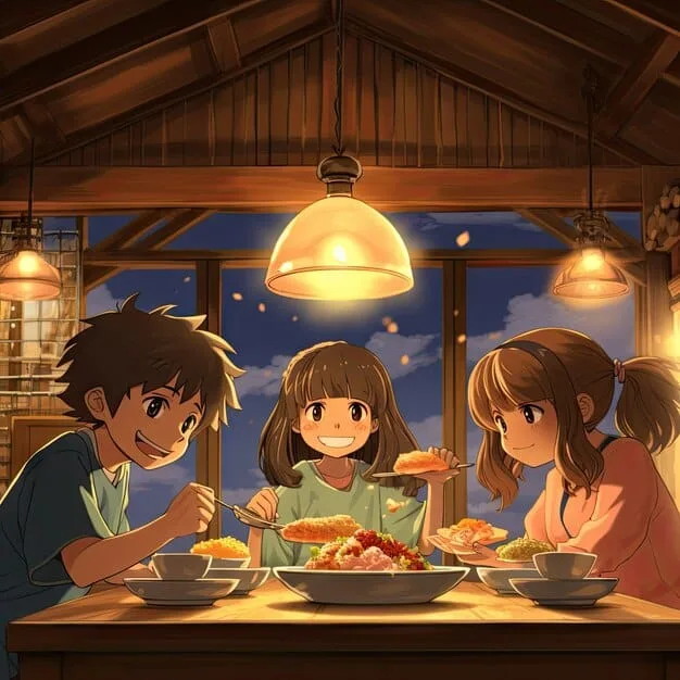 A scene from the manga Marmalade Boy where Miki and Yuu are sitting awkwardly at the dinner table with their newly swapped parents, creating a humorous and slightly tense atmosphere.