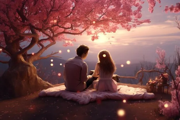 A romantic scene where Miki and Yuu are sharing a tender moment under a cherry blossom tree, symbolizing their blossoming love and connection.