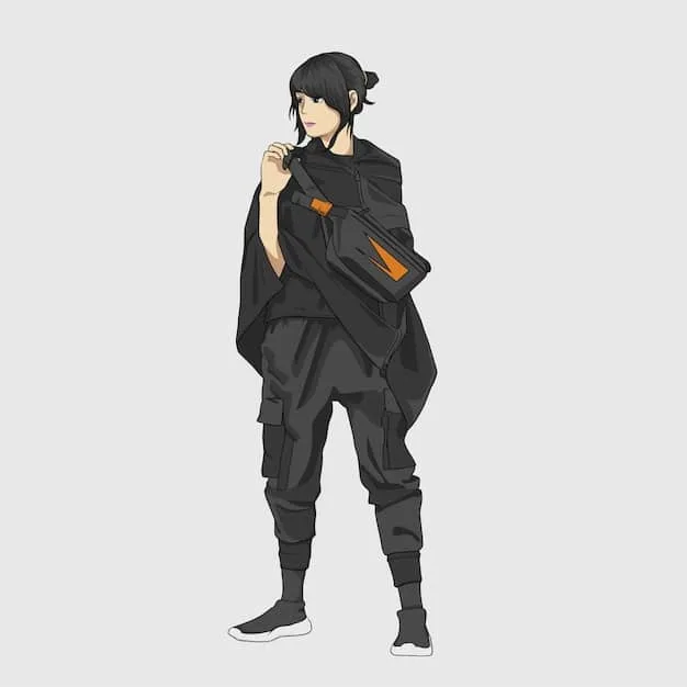 A detailed character sheet of the main protagonist from anime, showcasing their unique design, outfit, and signature pose. The image highlights the intricate artistic style of the series.