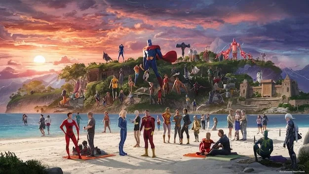 A panoramic view of a Shonen manga team looking towards a bright future, symbolizing hope and unity. The characters are diverse, showcasing different abilities and personalities.