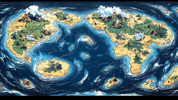 A detailed illustration of a fictional world map from a popular current shonen manga series, showcasing various terrains, cities, and landmarks.