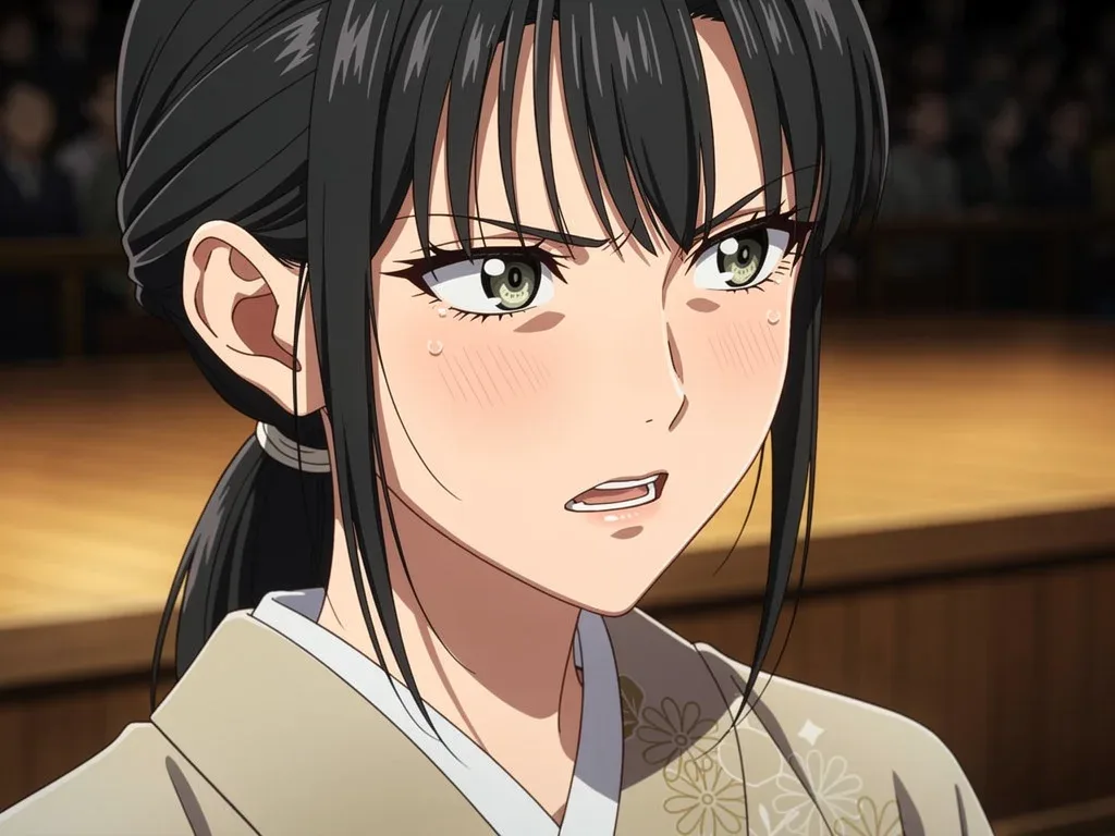 Close-up of Akane Osaki's determined expression before a rakugo performance.