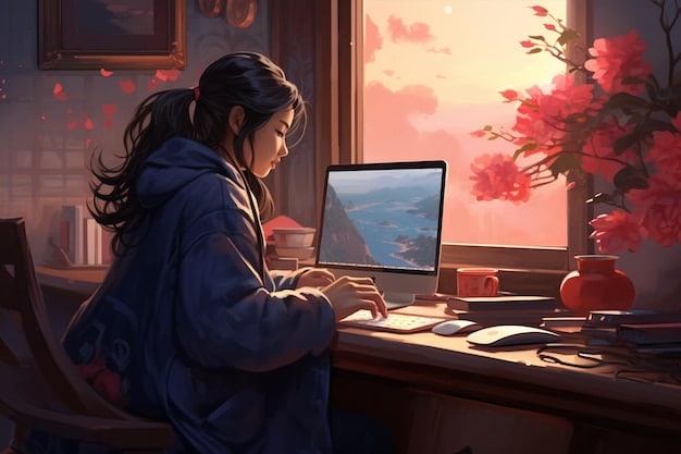 A split-screen image from a josei manga. On one side, a woman is depicted working late at her office, looking stressed. On the other side, she is shown relaxing at home with a cup of tea, a serene expression on her face.