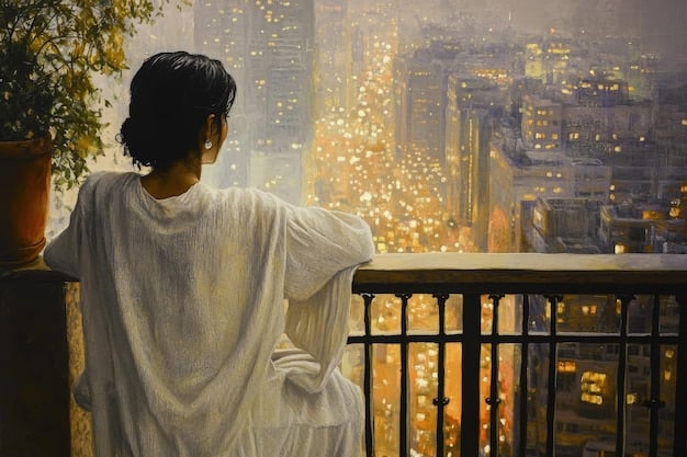 A manga panel showcasing a woman sitting alone on her balcony at night, looking thoughtfully at the city lights. The scene suggests introspection and a moment of personal reflection.