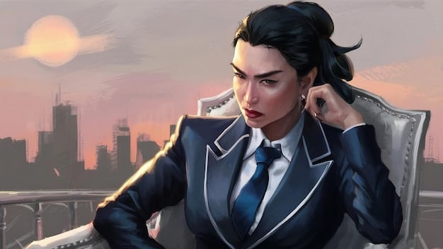 A panel from a josei manga showing a young woman in a business suit, looking stressed and overwhelmed while sitting at a desk piled high with paperwork. The background shows the blurred lights of a busy city skyline at night.
