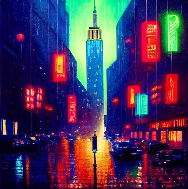 A panel from a seinen manga showing a cityscape at night. Rain is falling, and the neon lights are reflected in the wet pavement. The scene evokes a sense of loneliness and urban isolation.