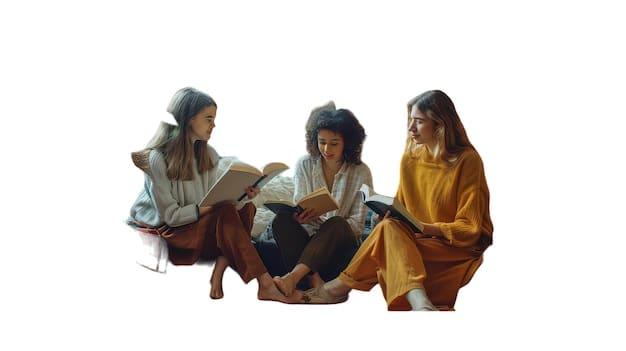An image depicting a diverse group of young women sitting together and engrossed in reading shojo manga. Their expressions show enjoyment and emotional connection with the stories. The setting is a cozy, well-lit café with manga volumes displayed on shelves.