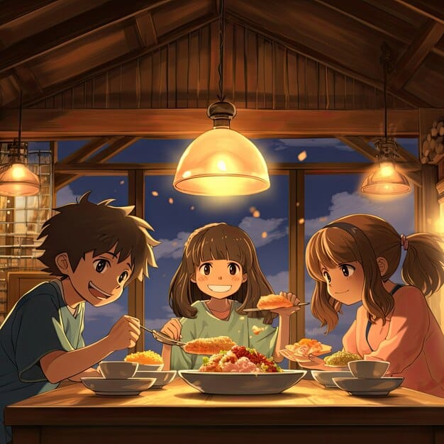A scene from the manga Marmalade Boy where Miki and Yuu are sitting awkwardly at the dinner table with their newly swapped parents, creating a humorous and slightly tense atmosphere.