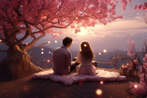 A romantic scene where Miki and Yuu are sharing a tender moment under a cherry blossom tree, symbolizing their blossoming love and connection.
