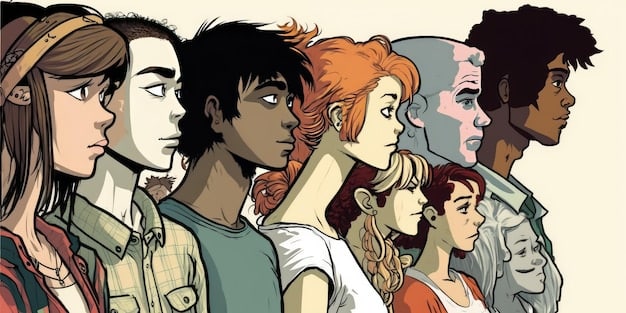 A manga panel showcasing a group of diverse shonen characters (male and female, different ethnicities) standing together heroically, ready for adventure. The background is a vibrant, fantastical world.