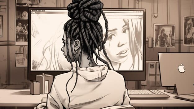 A digital illustration featuring a diverse group of manga artists and writers working on their digital art and stories. The scene should convey creativity, collaboration, and the modern tools used in manga creation (tablets, computers, etc.).
