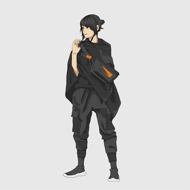 A detailed character sheet of the main protagonist from  anime, showcasing their unique design, outfit, and signature pose. The image highlights the intricate artistic style of the series.