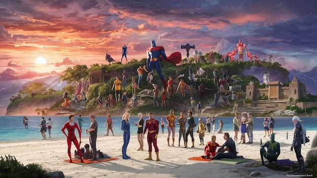 A panoramic view of a Shonen manga team looking towards a bright future, symbolizing hope and unity. The characters are diverse, showcasing different abilities and personalities.